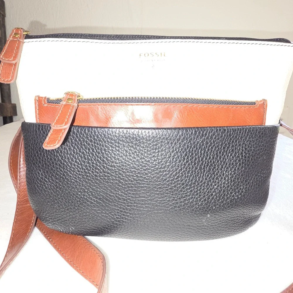 Fossil Colorblock Pebbled Leather Crossbody Bag Black White Brown ZB7268